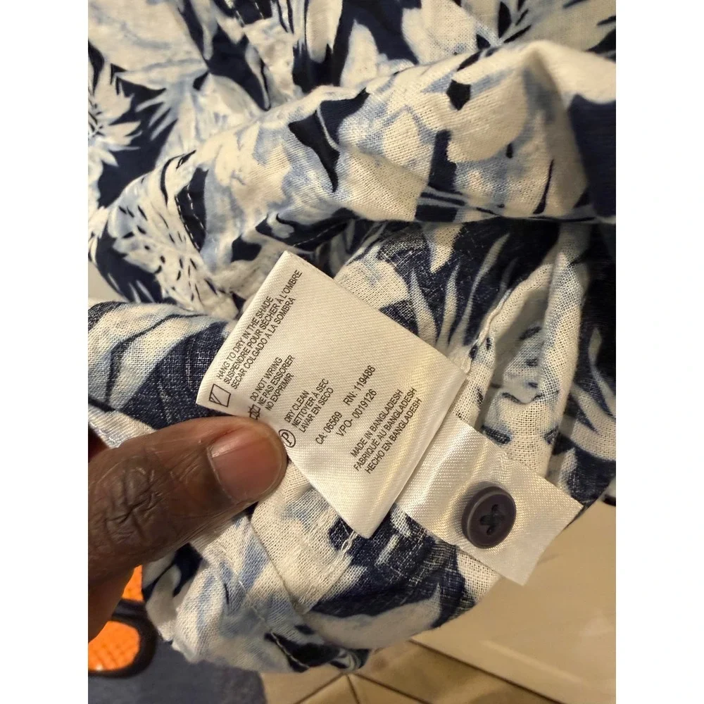 Report Collection Mens Blue Tropical Floral Linen Blend Button Down Shirt L